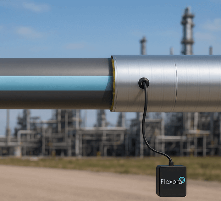 Sensorfolie von Flexora direkt auf Rohre und Pipelines unter der Isolierung / Direct application of Flexora sensor film to pipes and pipelines under insulation Die Sensorfolien von Flexora lassen sich ohne Eingriffe direkt auf Rohre und Pipelines unter der Isolierung anbringen. Die Sensorlösung unterstützt bei Frühwarnung, Fernüberwachung und vorausschauende Wartung. / Flexora’s sensor films can be applied directly to pipes and pipelines underneath insulation — without any structural modifications. The sensor solution supports early warning, remote monitoring, and predictive maintenance.