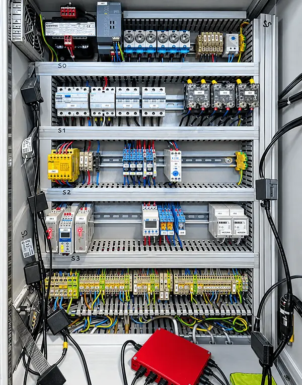 Temperaturüberwachung Schaltschrank: Positionierung der Temperatursensorfolien von Aera-X im Schrankinneren zur Brandfrüherkennung und Predictive Maintenance / Temperature Monitoring Control Cabinet: Positioning Aera-X Temperature Sensor Foils Inside the Cabinet for Early Fire Detection and Predictive Maintenance